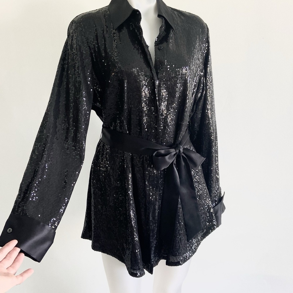Lafayette 148 Black Silk All Over Sequined Tunic Shirt Belted 14